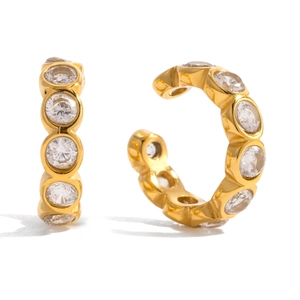 Elegant gold titanium steel ear cuffs with sparkling round cubic zirconia stones