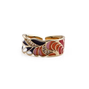 Anello a fiore dorato regolabile con petali in smalto colorato e cristalli