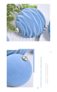 Detail of light blue flocked Christmas ornaments with spiral textures and silver hooks