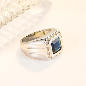Mens square blue sapphire ring with micro-pave zircons and silver metal ribbed band