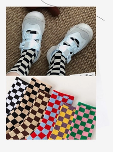 Flat lay and on-foot display of colorful checkered cotton crew socks for women