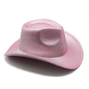 Detailed view of pink cowboy hat with silver checkered texture and wrapped brim edge