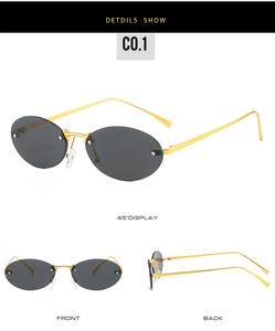 Detailed views of rimless oval sunglasses with grey lenses and slim gold metal temples