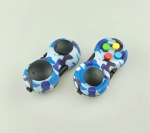 Close-up of dual blue camouflage fidget pads with colorful buttons and joysticks