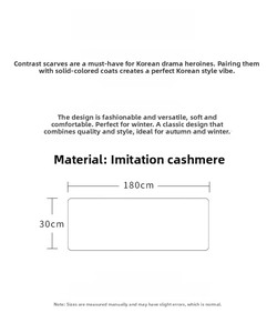 Detail showing faux cashmere material specifications and washing care guide for the scarf