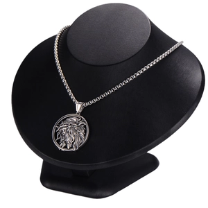 Vintage stainless steel round pendant necklace with Jesus thorn crown relief on black bust