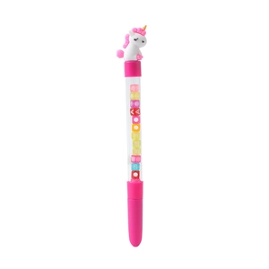 Detail of pink unicorn pen with transparent barrel and colorful letter beads inside