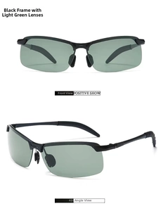 Detail view of semi-rimless photochromic sunglasses in black frame with light green lenses