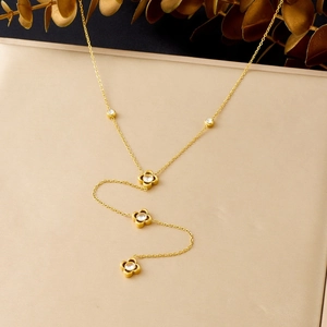 Elegant Y-Shape Lariat Necklace Hollow Flower Pendants Gold Plated Stainless Steel Long Tassel Chain With Zircon Inlay