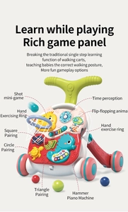 Detail view of baby walker interactive game panel with piano keys and shape sorters