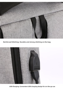 Detail showing reinforced shoulder strap stitching and built-in USB charging port for travel backpack