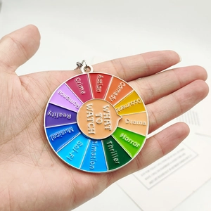 Close-up of a rotating movie decision keychain featuring various film genres in enamel