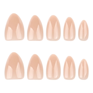 Glossy nude almond press-on nails in a 10-piece set with a minimalist natural finish