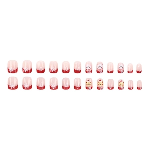 Christmas press-on nails set with red and white colors, snowflakes and cute bears
