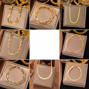 Elegant 18K gold plated jewelry set featuring various chain styles for necklaces and bracelets