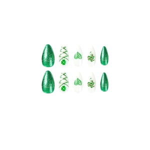 Full set of St. Patrick's Day press-on nails with green shamrock and glitter hearts