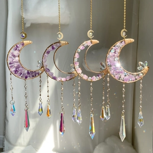 Moon Crystal Suncatcher Amethyst Hanging Ornament Metal Wire Handmade Rainbow Maker Garden Window Decor Bohemian