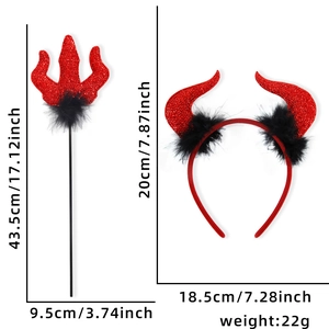Serre-tête cornes de diable rouge à paillettes et trident pour costume d'Halloween