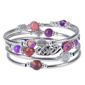 Bohemian multi-layer wrap bracelet with natural emperor stones and silver metal charms