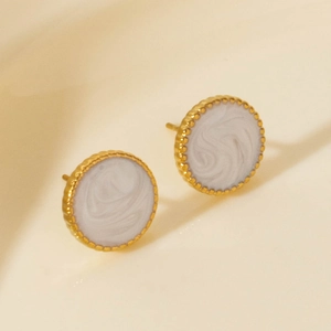 French vintage 18K gold plated stainless steel round earrings with white marble texture