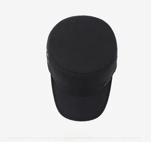 Top down view of black wool cadet hat for men featuring textured twill fabric and flat top