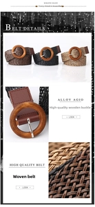 Detail of woven straw belts with round wooden buckles in brown, black, and tan colors