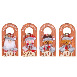 Set of 4 festive wooden Christmas door hangers with Santa, Snowman and Reindeer motifs