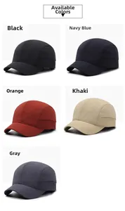 Detail view of five-panel quick-dry baseball caps in black, navy, orange, khaki, and grey