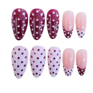 Classic French polka dot and burgundy almond-shaped glossy press-on nails set