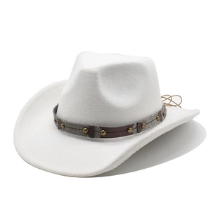 Close-up of white felt cowboy hat with bronze rivets and faux leather trim detail