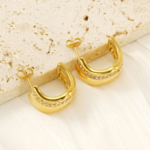 Elegant C-Shape Hoop Earrings Gold Plated Stainless Steel With Inlaid Rhinestones Geometric Minimalist Studs For Women