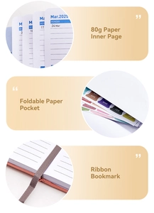 Detail of 80g inner pages with foldable pocket and ribbon bookmark for the 2025 planner