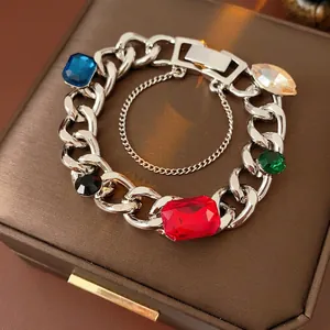Retro Thick Chain Bracelet Alloy Multicolor Rhinestone Geometric Bangle Fashion Jewelry For Women With Safety Chain