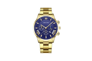 Macro detail of gold stainless steel chronograph watch with blue sunray dial and sub-dials