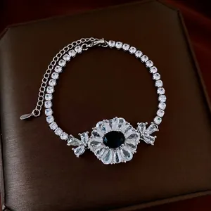 Bracelet Pendentif Fleur Cuivre Zirconium Pierre Bleue Chaîne Tennis Style Français Bijoux Réglables Femmes