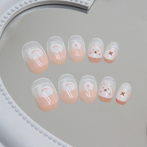 Cute bunny and flower pink gradient short round press-on nails for kids 10pcs set