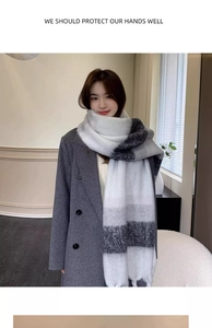 Detail of soft mohair feel scarf with black and white gradient plaid pattern on a model