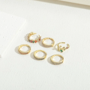 6-piece gold-plated zircon ring and ear cuff set with multi-color stones in fashion style