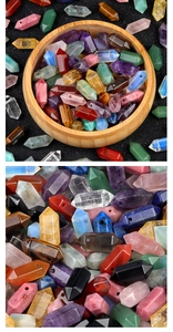 Macro shot of assorted double-pointed hexagonal crystal columns with drilled hole detail