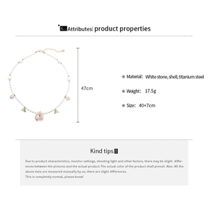 Detail showing white stone shell necklace dimensions and titanium steel floral pendant