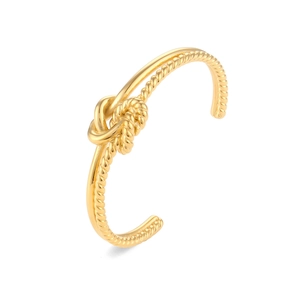 Minimalist gold knotted rope twist open bangle bracelet for women in a side view