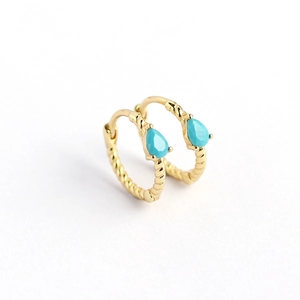 Minimalist S925 sterling silver twist drop earrings with turquoise stones on white background