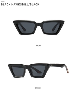 Vorder- und Seitenansicht der schwarzen Cat-Eye-Sonnenbrille mit Bügeln in Schildpatt