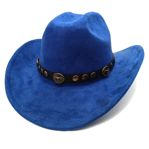 Royal blue faux suede western cowboy hat with studded leather band and bull buckle