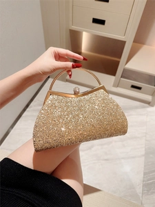 Evening Bag Sequin Clutch Purse With Circular Metal Handle Rhinestone Clasp And Detachable Chain Strap For Wedding Party