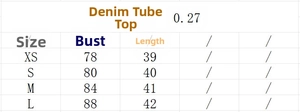 Size guide for washed denim tube top showing chest and length measurements for XS to L