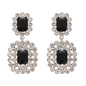 Luxurious geometric silver needle earrings with black crystals and sparkling rhinestones
