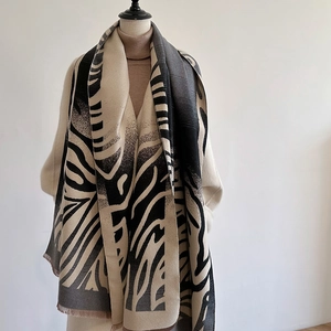 Women Elegant Imitation Cashmere Scarf Polyester Winter Warm Shawl With Tassel Abstract Zebra Print Retro Style Wrap