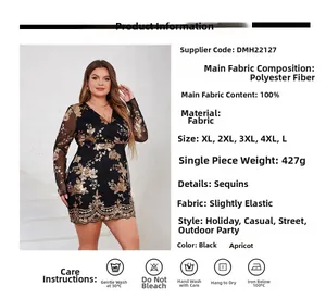 Detail of plus size V-neck dress featuring gold sequins in floral patterns on black fabric