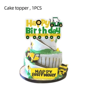 Farm tractor theme happy birthday cake topper set with green and yellow vehicle decorations
